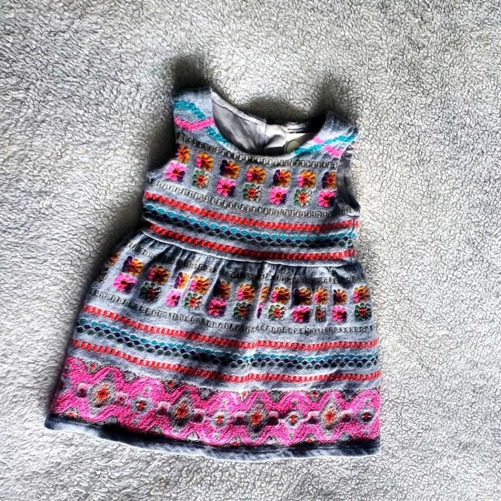 Peek Sleeveless Embroidered‎ Dress Gray Pink Sz 18-24M 100% Cotton Spring Summer